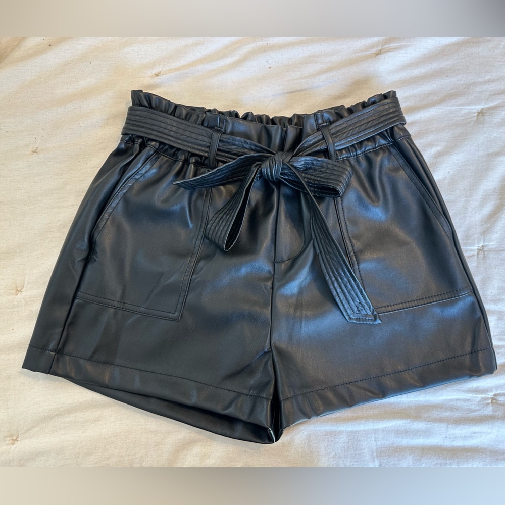Black Faux Leather Shorts with Bow Tie